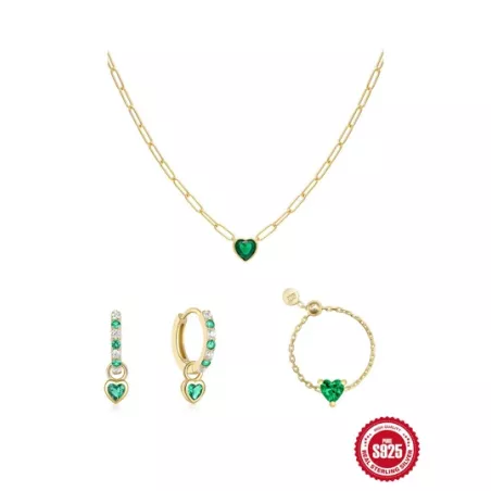 3 piezas Collar + Pendientes + Anillo verde con corazón zirconia cúbica S925 Set joya Mujer aniversario fino