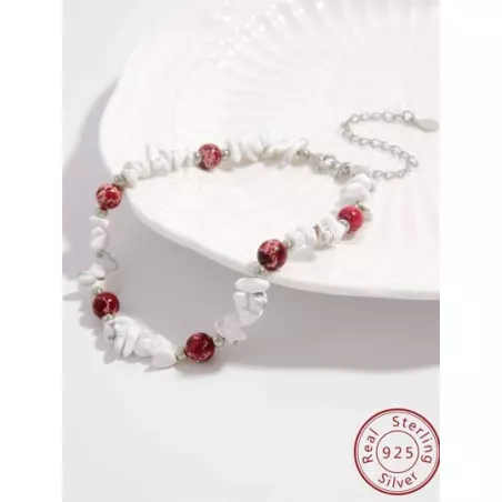 1 pieza S925 plata esterlina Pulsera tobillera natural con turquesa , vintage casual rojo & blanco , irregular rojo rock & blanc