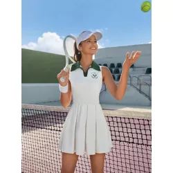 Leisure Vestido deportivo con estampado de raqueta de tenis de cuello en contraste fruncido