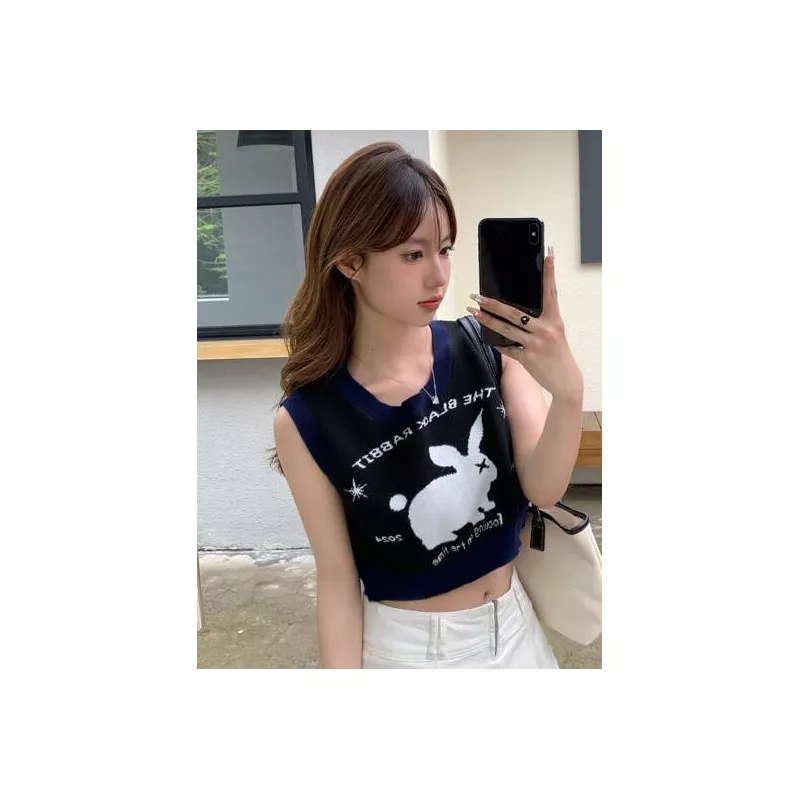 Chaleco de punto crop conejo & con patrón de slogan