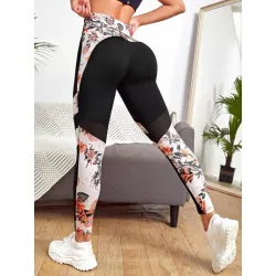 Leggings deportivos con estampado tropical de malla de cintura ancha con puntada