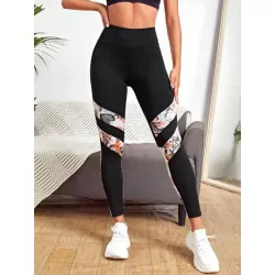 Leggings deportivos con estampado tropical de malla de cintura ancha con puntada