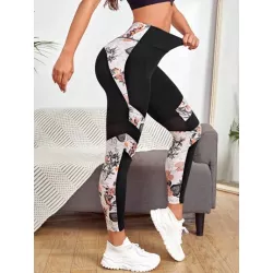 Leggings deportivos con estampado tropical de malla de cintura ancha con puntada