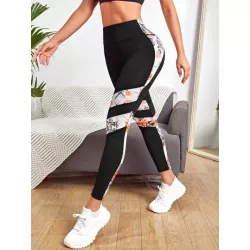 Leggings deportivos con estampado tropical de malla de cintura ancha con puntada