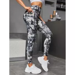 Leggings deportivos de tie dye con puntada de cintura ancha con bolsillo para teléfono