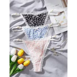 3 piezas Tanga con estampado floral ribete con encaje