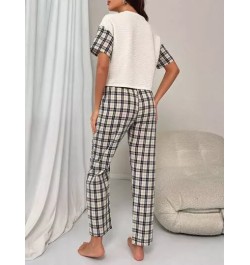 Camiseta de hombros caídos & con estampado de cuadros Pantalones Conjunto de pijama