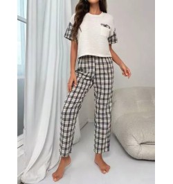Camiseta de hombros caídos & con estampado de cuadros Pantalones Conjunto de pijama