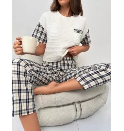 Camiseta de hombros caídos & con estampado de cuadros Pantalones Conjunto de pijama