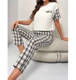 Camiseta de hombros caídos & con estampado de cuadros Pantalones Conjunto de pijama