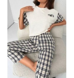 Camiseta de hombros caídos & con estampado de cuadros Pantalones Conjunto de pijama