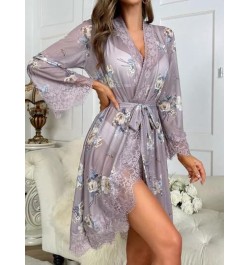 Bata con estampado floral con encaje en contraste con cinturón de malla con cinturón