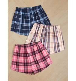 3 piezas Shorts de dormir con estampado de cuadros con lazo delantero