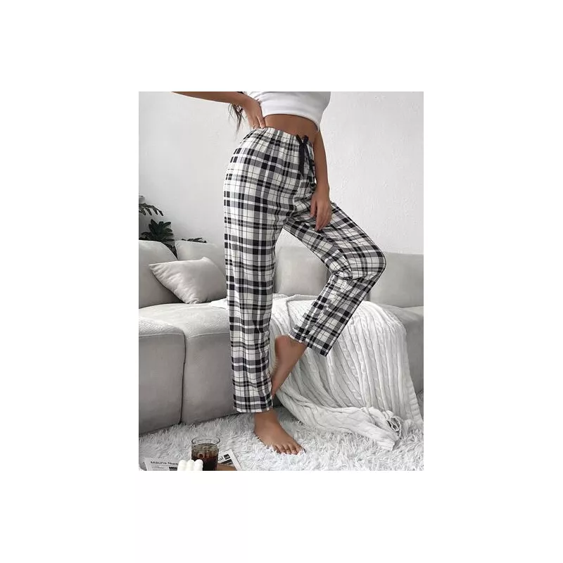 Pantalones de dormir con estampado de cuadros de cintura con cordón