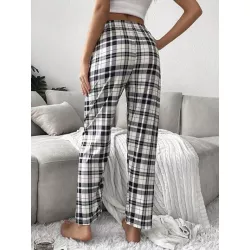 Pantalones de dormir con estampado de cuadros de cintura con cordón