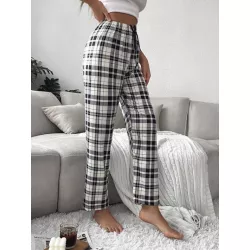 Pantalones de dormir con estampado de cuadros de cintura con cordón