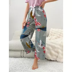 Pantalones de dormir con estampado floral con lazo delantero