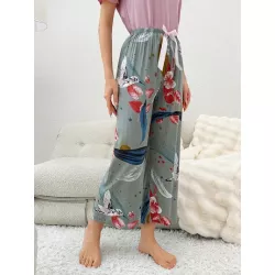 Pantalones de dormir con estampado floral con lazo delantero