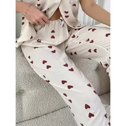 Pantalones de dormir con estampado de corazón ribete en contraste