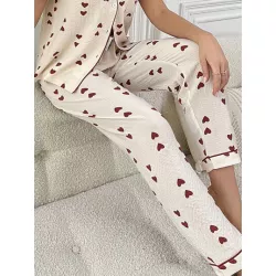 Pantalones de dormir con estampado de corazón ribete en contraste