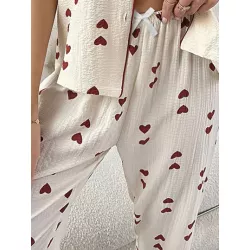 Pantalones de dormir con estampado de corazón ribete en contraste