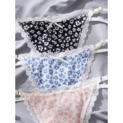 3 piezas Tanga con estampado floral ribete con encaje