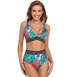 Bañador bikini con estampado tropical de malla en contraste