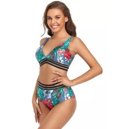 Bañador bikini con estampado tropical de malla en contraste