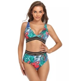 Bañador bikini con estampado tropical de malla en contraste