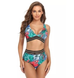 Bañador bikini con estampado tropical de malla en contraste