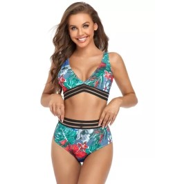 Bañador bikini con estampado tropical de malla en contraste