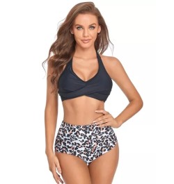 Bañador bikini con estampado de leopardo fruncido de talle alto