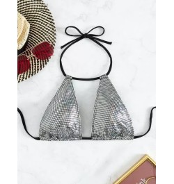 Top bikini halter de color metálico con cordón trasero