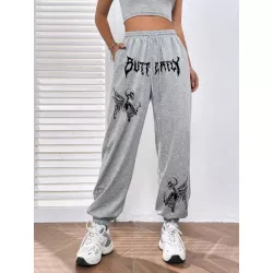 Pantalones deportivos con letra & estampado de cráneo de cintura con cordón