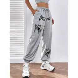 Pantalones deportivos con letra & estampado de cráneo de cintura con cordón