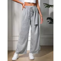 SHEIN EZwear Pantalones de pierna ancha de cintura con cordón desgarro