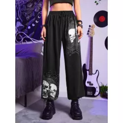 Grunge Punk Pantalones deportivos con estampado de cráneo con cordón