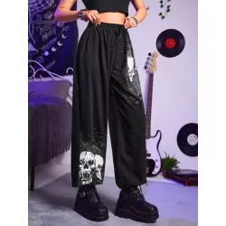 Grunge Punk Pantalones deportivos con estampado de cráneo con cordón