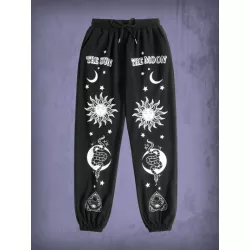 Goth Pantalones deportivos con letra con estampado de sol y luna con cordón