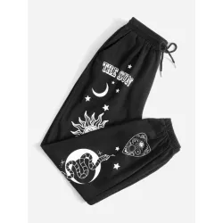 Goth Pantalones deportivos con letra con estampado de sol y luna con cordón