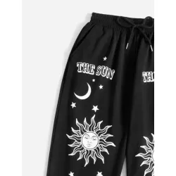 Goth Pantalones deportivos con letra con estampado de sol y luna con cordón