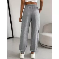 SHEIN Essnce Pantalones deportivos unicolor de cintura con cordón con bolsillo lateral con solapa