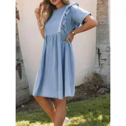 Vestido mezclilla ribete con fruncido smock