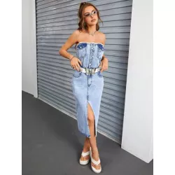 SHEIN ICON Vestido mezclilla tubo con botón delantero de muslo con abertura sin cinturón