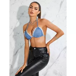 SHEIN BAE Top en mezclilla ribete crudo de espalda abierta con cordón de cuello halter