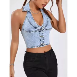 EZwear Top en mezclilla con botón delantero de espalda abierta de cuello halter