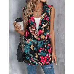 LUNE Blazer chaleco con estampado floral de cuello con solapa sin top de tirantes