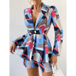 SHEIN Essnce Blazer con estampado geométrico con parte delantera abierta & Shorts