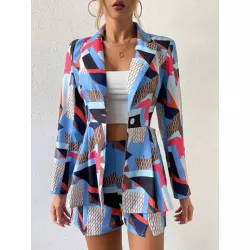 SHEIN Essnce Blazer con estampado geométrico con parte delantera abierta & Shorts