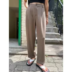 Pantalones de traje de talle alto con fruncido de pierna recta